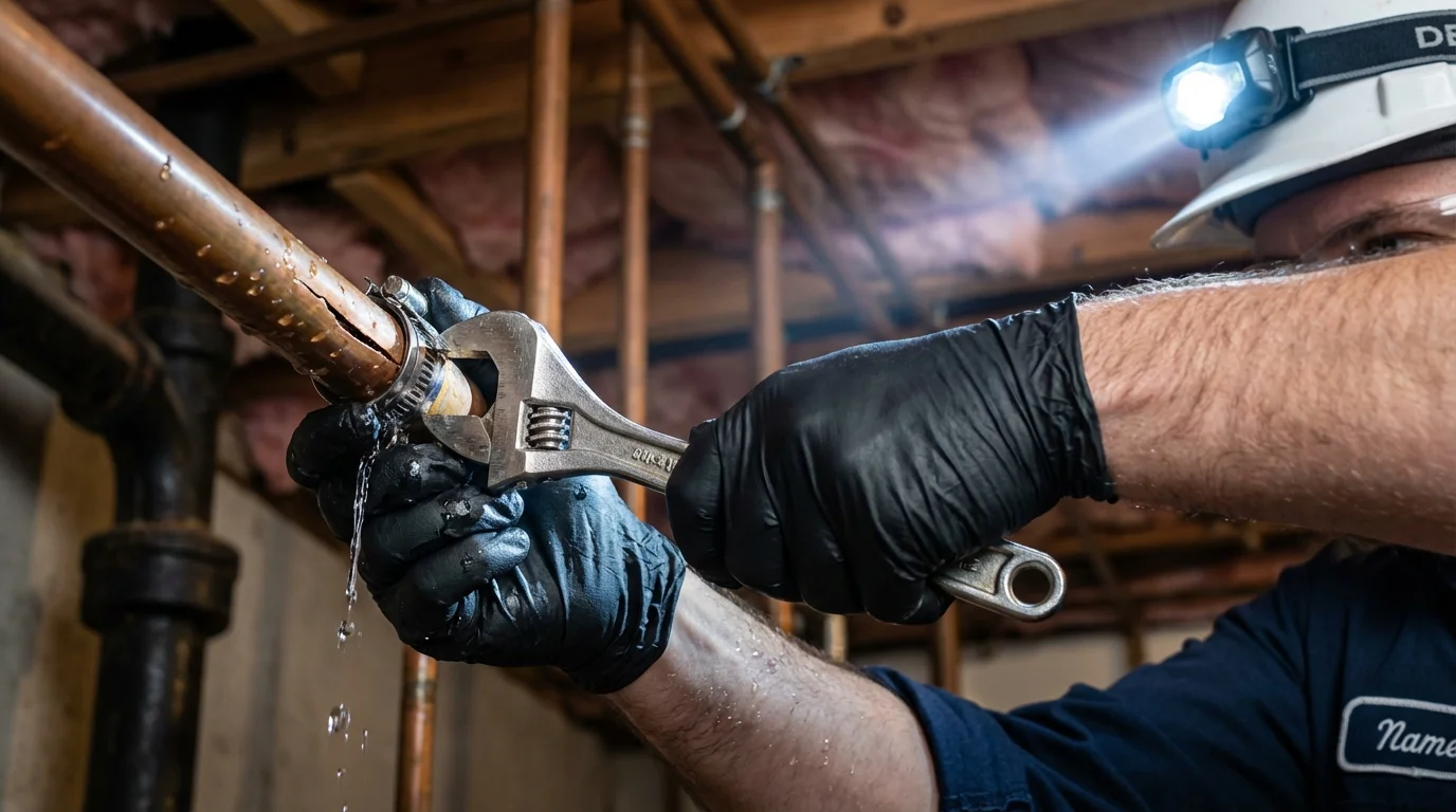 Emergency pipe clamp repair being performed by a Johns Plumbing LLC plumber in Pocola