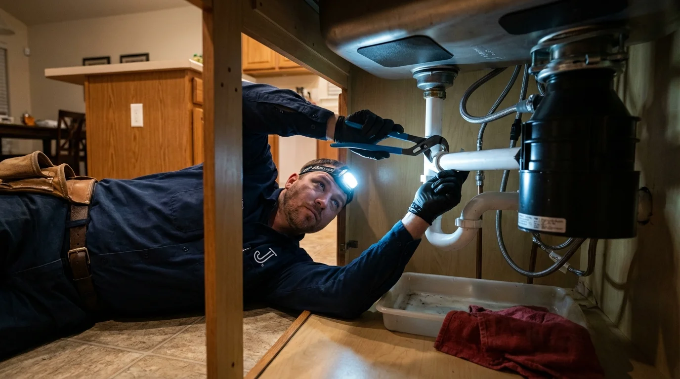 P-trap and supply line connections under a kitchen sink showing a common leak point in Pocola, OK